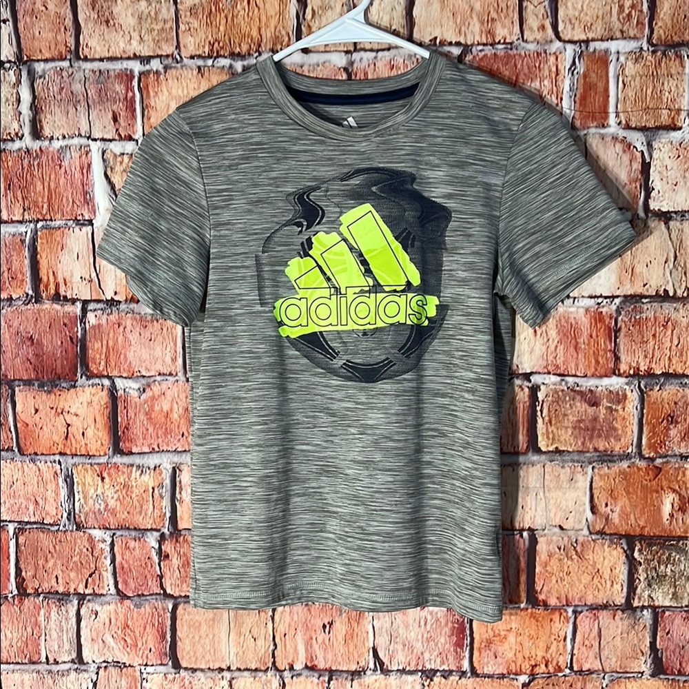 Adidas Boys Climate Heathered Gray Tee with Bright Green Logo